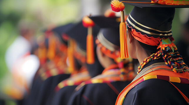 a close-up image of a graduation ceremony incorporating traditional elements, such as cultural attire and rituals, in a contemporary educational setting, Adaptation to modernity, R
