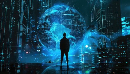 A person is standing in a dark room looking at a glowing blue globe of the Earth.