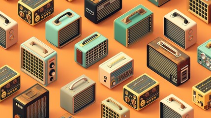 A variety of vintage radios from the 1950s and 1960s are arranged in an isometric pattern. The...