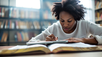 a detailed image of a young theologian writing notes on a tablet while studying a sacred text, blending traditional study with modern technology, Text Interpretation, Contemporary