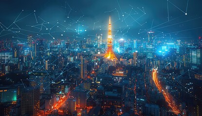 Modern city with wireless network connection and city scape concept. Wireless network and Connection technology concept with city background at night.