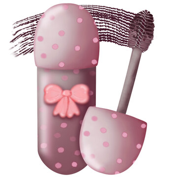 recommend clip art: Mascara with brush hand drawn, cosmetics products, pink dot on tube   with a fluffy brush at the end,clipart fashion illustration.