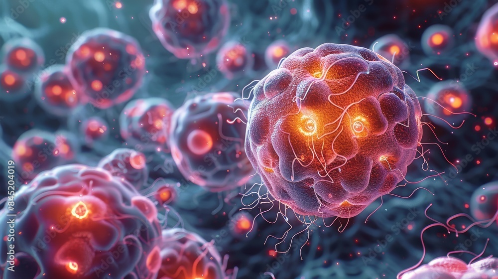 Poster A representation of cell mutation, highlighting the differences between normal and mutated cells in a vibrant cellular landscape. Generative AI.