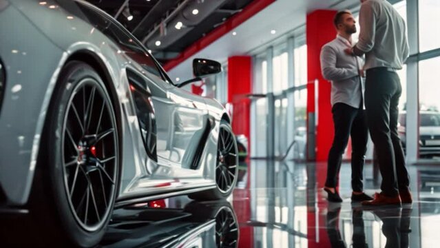 A Car representative explaining features and qualities to customers in the modern car showroom