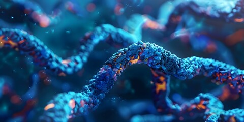 Fototapeta premium Microscopic view of human DNA and chromosomes. Concept Genetics Research, DNA Structure, Chromosome Analysis, Medical Science, Molecular Biology