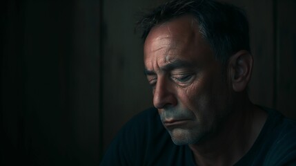 Obraz premium Image of a middle-aged man with closed eyes in a dark room.