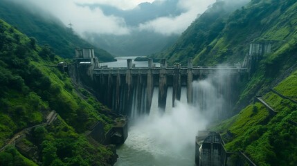 Fototapeta premium Concrete dam releasing water in a misty valley surrounded by lush green mountains.