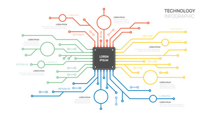 Infographic Circuit board technology template. 4 step design, digital marketing data, presentation vector infographics.