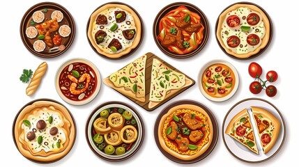 A top view of a set of Desi, Indian traditional foods, including pizza, hummus, biryani, chicken curry, momos, tikka, korma, and samosas. This food collection set is isolated on a white background.