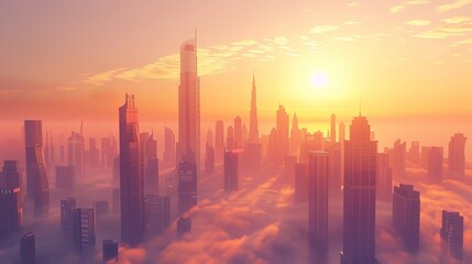 Fototapeta premium A 3D conceptual background of Dubai city, featuring the stunning city center skyline with luxury skyscrapers at sunrise in the United Arab Emirates.