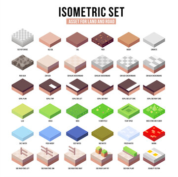 isometric individual asset design to build isometric graphic design for land, road, tiles, grass, water, and some custom