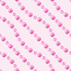 Seamless pattern of watercolor shiny pink pearls jewelry. Glamour, marine, tropical theme. Painted elements on pink background. Hand drawn illustration. Summer. For fabric, wrapping paper, wallpaper