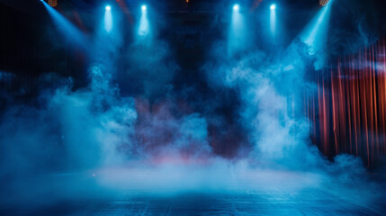 Naklejka premium Empty stage with smoke, spotlights in blue colors for background.