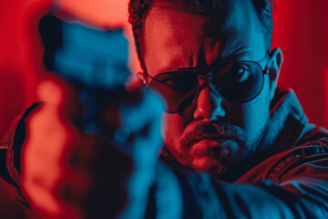 A maniac with glasses points a gun at his victim. A man points a gun and threatens a man.