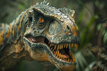 Fototapeta premium Generative ai on theme of big scary hungry dinosaur with kind eyes and sharp teeth destroying park