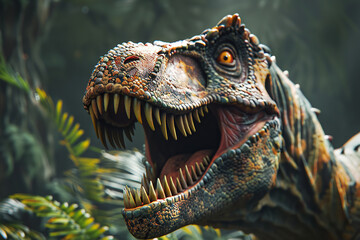 Generative ai on theme of big scary hungry dinosaur with kind eyes and sharp teeth destroying park