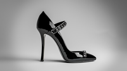 Elegant black ladies' t-strap heels with rhinestone embellishments on a solid grey background. - Powered by Adobe