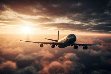 Obraz premium Airplane Above The Cloudy Sky In Flight - Generative AI