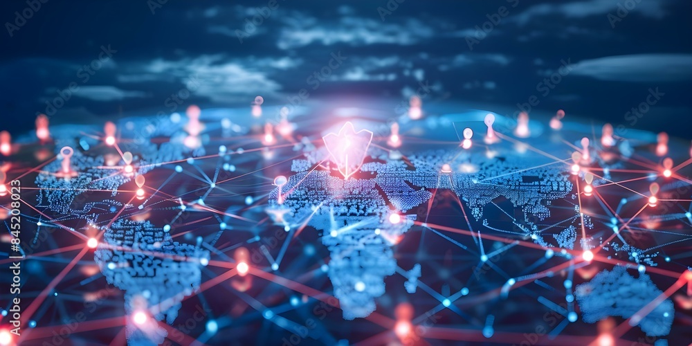 Poster global business relies on secure digital technology data analytics and effective teamwork. concept g