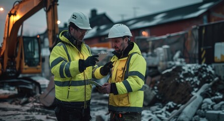 Two construction workers wearing yellow and orange hi visibility safety jackets and white hard hats, one holding an iPad in their hand while pointing at something on the screen with a finger