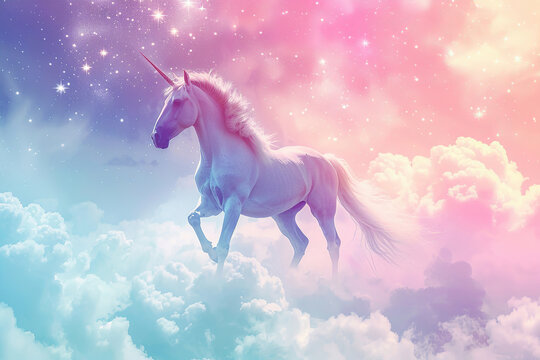 Generative ai on theme of fantasy unicorn in beautiful sky with bright rainbow and fluffy clouds