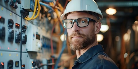 Experienced friendly electrician ensures reliable electricity supply by troubleshooting breaker panels. Concept Electricity Troubleshooting, Breaker Panels, Reliable Power Supply