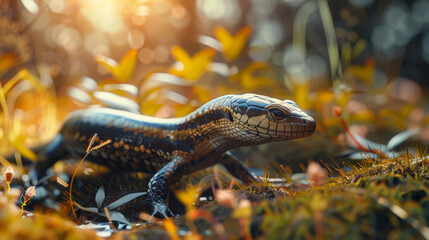 Obraz premium Black lizard in the forest. Beautiful reptile in the wild. Background for design.