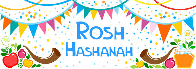 Rosh hashanah (jewish New Year holiday) concept. Traditional symbols. Template for postcard or invitation card, poster, banner. Horizont banner. Greeting, invitation card or flyer. Vector illustration