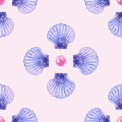 Seamless pattern of a marine, tropical theme. Blue shells, pearls. Watercolor hand drawn illustration. On pink background. For decoration, design, fabric, wrapping paper. Summer vibes. Sea bottom