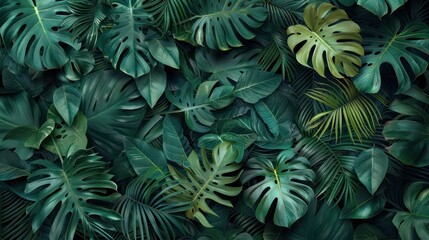 Fototapeta na wymiar Background of dense green monstera plant leaves in natural wild forest.