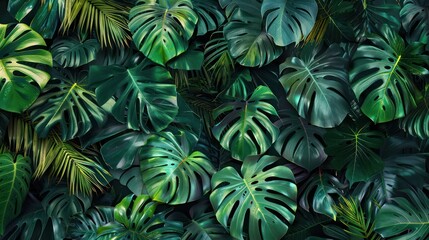 Background of dense green monstera plant leaves in natural wild forest.