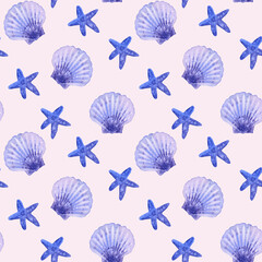 Seamless pattern of a marine, tropical theme. Blue shells, starfish. Watercolor hand drawn illustration. On pink background. For decoration, design, fabric, wrapping paper. Summer vibes. Sea bottom