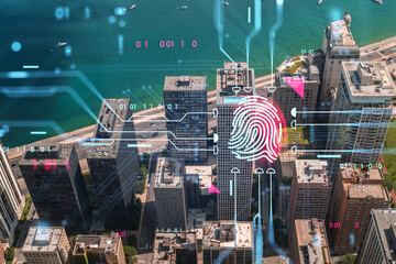 Aerial view of city buildings with a digital fingerprint hologram overlay. Realistic image with a...