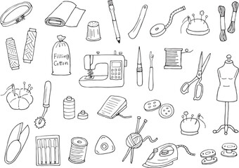 手芸用品のイラストセット（手書き、線画）