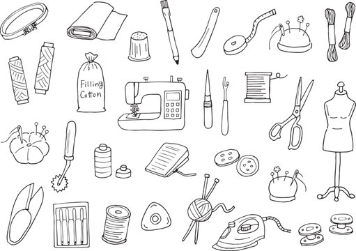 手芸用品のイラストセット（手書き、線画）