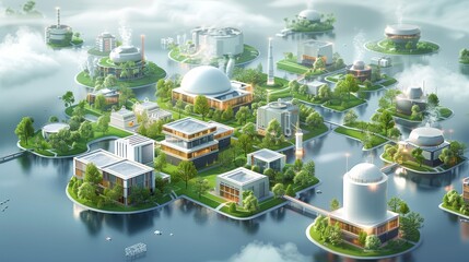 3D isometric, Large park islands, with square buildings in the middle and small islands around, including battery building's, energy storage rooms, factories, conveyors, mining. Generative AI.