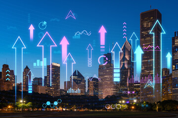 Chicago skyline with futuristic holographic overlays of graphs and symbols. Graphic design on a...