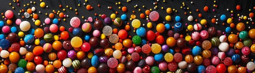 Fototapeta premium Colorful Variety of Candies in Playful Scattered Pattern on Black Background