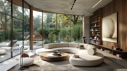 A modern living room with large windows, showcasing an oval-shaped sofa and bookshelves. The walls feature wood paneling in shades of brown or beige, Outside is greenery and trees. Generative AI.
