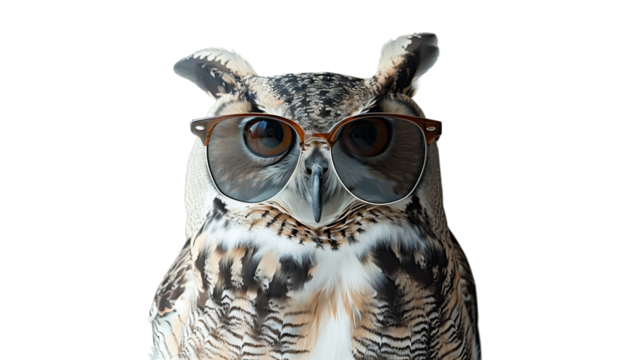 Owl with glasses on white isolated transparent background