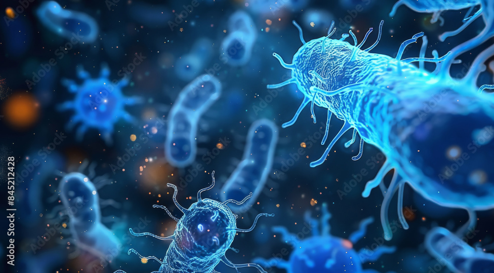 Poster A geometric design of many microbes and unicellular organisms. Blue glow on dark background. Generative AI.