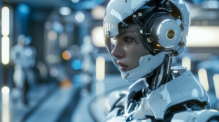 Fototapeta premium Futuristic Female Android in High-Tech Laboratory with Advanced Robotics and Artificial Intelligence Technology