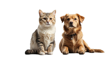 Dog and cat gazing at the camera, showcasing their heartwarming friendship on white png