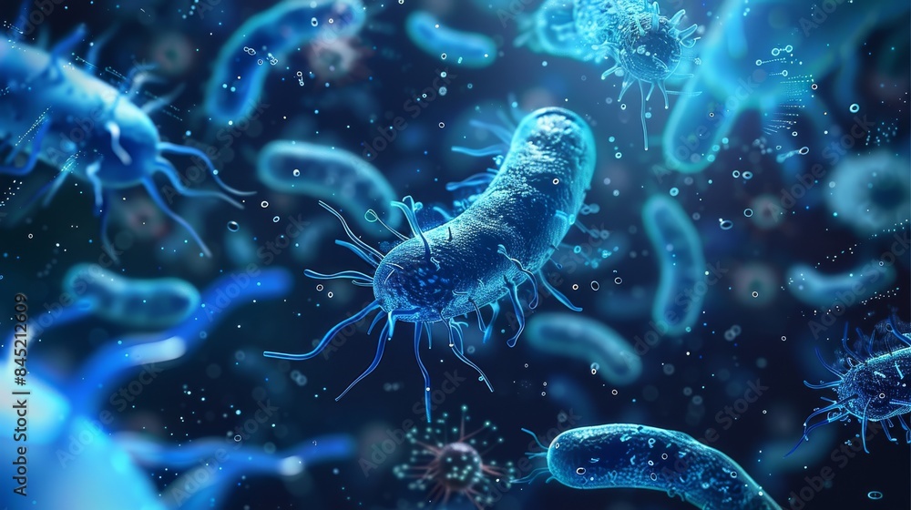 Poster A geometric design of many microbes and unicellular organisms. Blue glow on dark background. Generative AI.