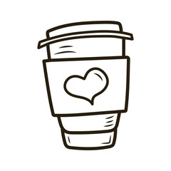 Doodle plastic coffee cup with heart. Outline hand drawn icon for coffee and bakery cafe.