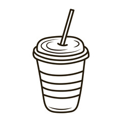 Doodle plastic coffee cup with straw. Outline hand drawn icon for coffee and bakery cafe.
