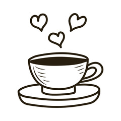 Doodle coffee cup with hearts. Outline hand drawn icon for coffee and bakery cafe.