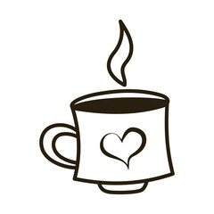 Doodle coffee cup with steam and heart. Outline hand drawn icon for coffee and bakery cafe.