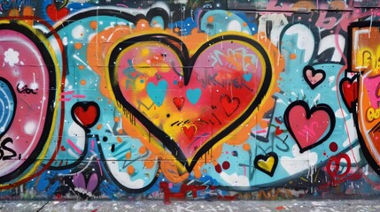 Obraz premium Eclectic graffiti wall, featuring a mix of colors, love-themed hearts, and unique shapes, creating a lively backdrop