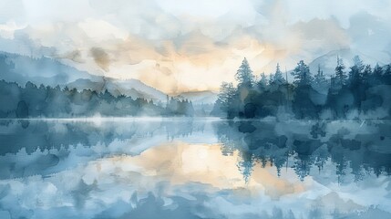 Fototapeta premium Early morning tranquility with a serene lake, the landscape mirrored perfectly, and a gentle mist hovering above